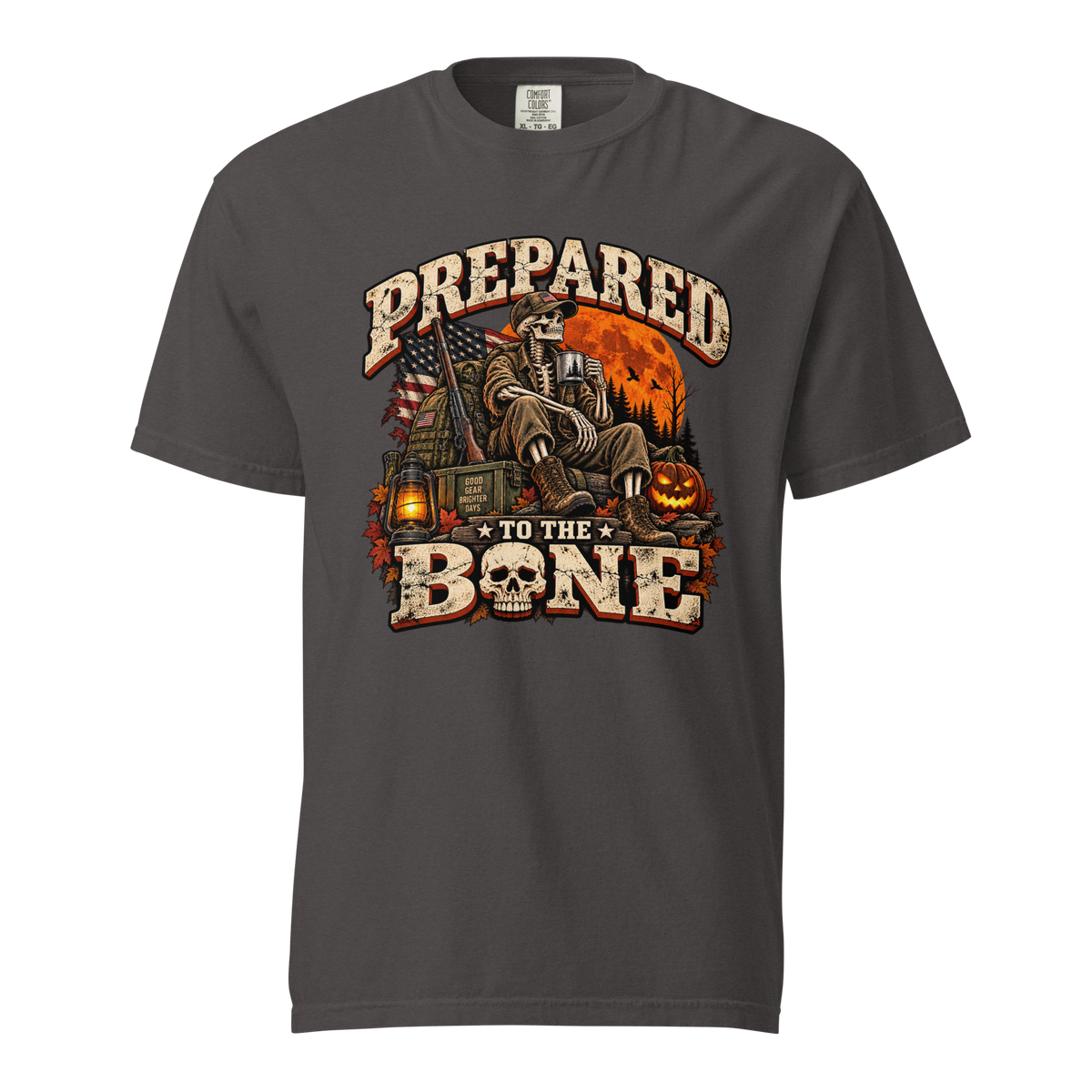 Graphite: Prepared to the Bone skeleton T-shirt in graphite with vintage prepper and Halloween artwork