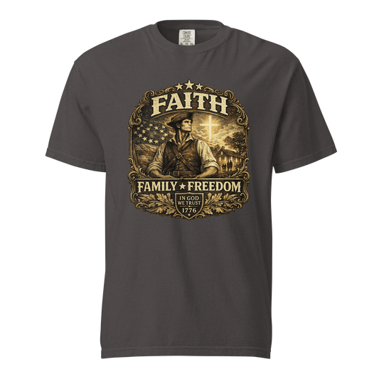 Faith Family Freedom patriotic Christian t-shirt - front view with 1776 heritage cross and American flag artwork