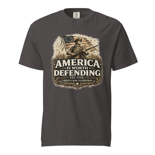 Graphite – front view with vintage Revolutionary War minuteman and distressed American flag graphic"