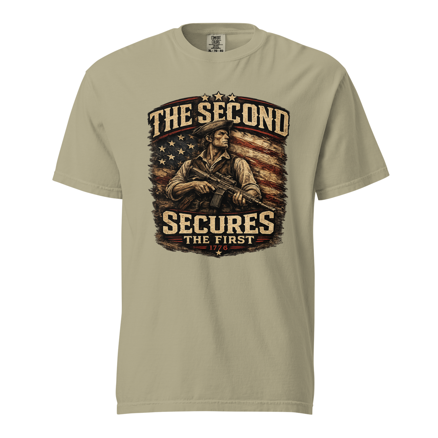 Khaki – front view with Revolutionary-era patriot and distressed American flag graphic