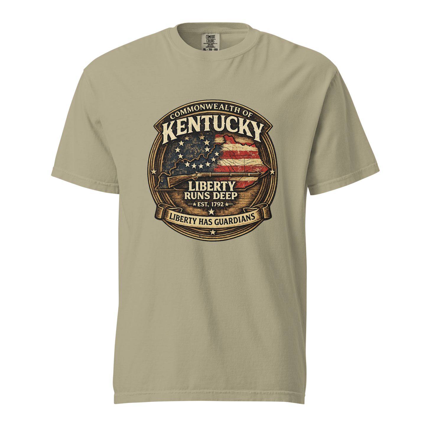 Khaki - front view with vintage Commonwealth of Kentucky and American freedom graphic