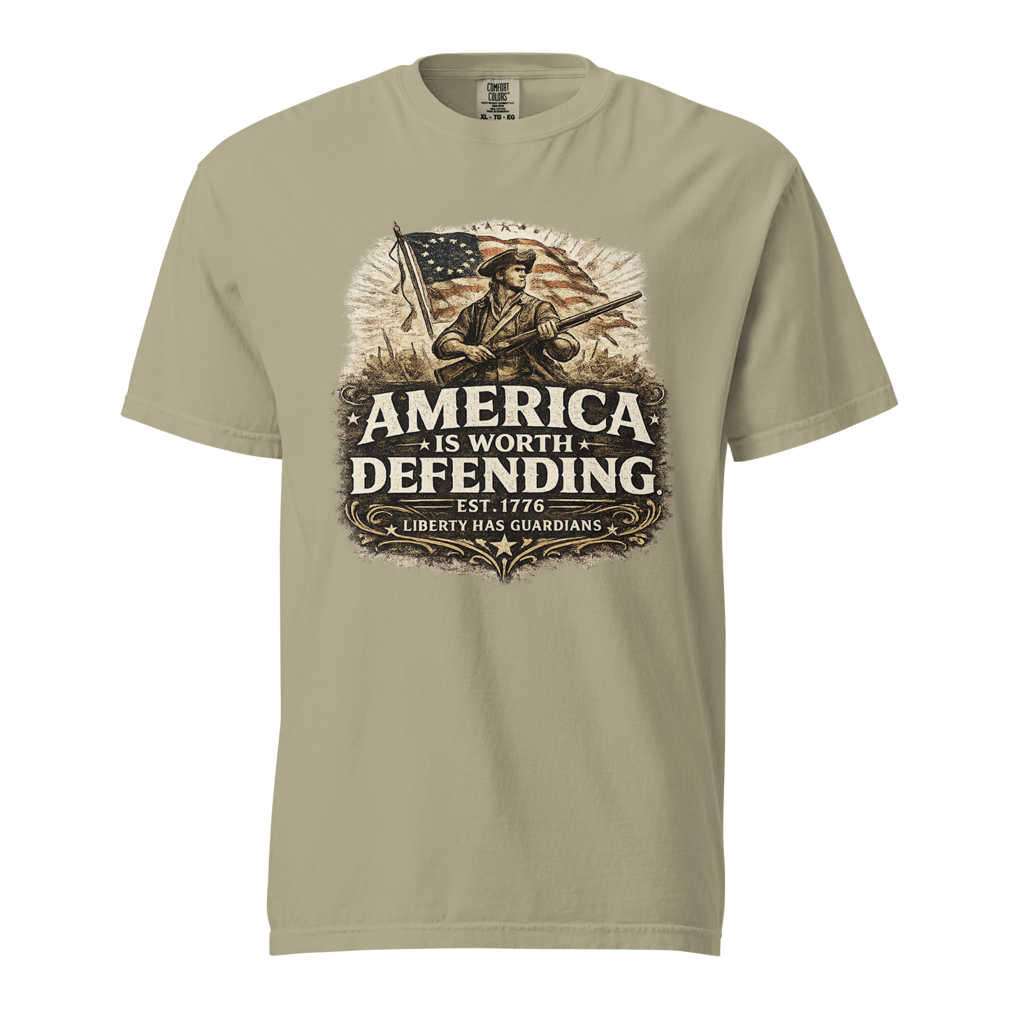 Khaki– front view with vintage Revolutionary War minuteman and distressed American flag graphic"