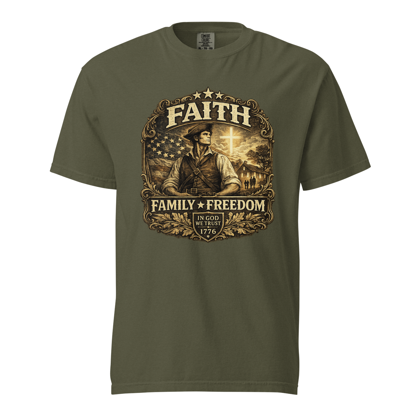 Faith Family Freedom patriotic Christian t-shirt - front view with 1776 heritage cross and American flag artwork
