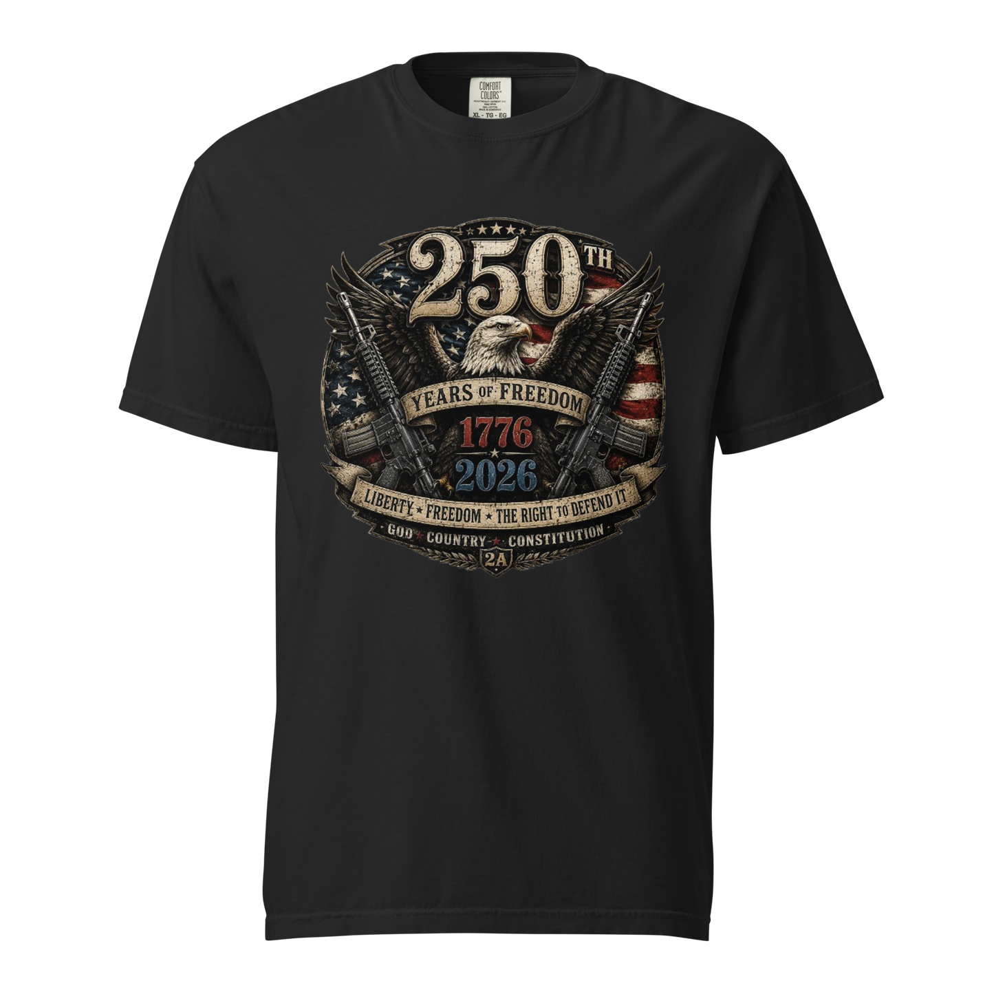 Patriotic 250 Years of Freedom graphic featuring a bald eagle, American flags, 1776–2026 anniversary artwork, and liberty-inspired design for America's 250th Anniversary.