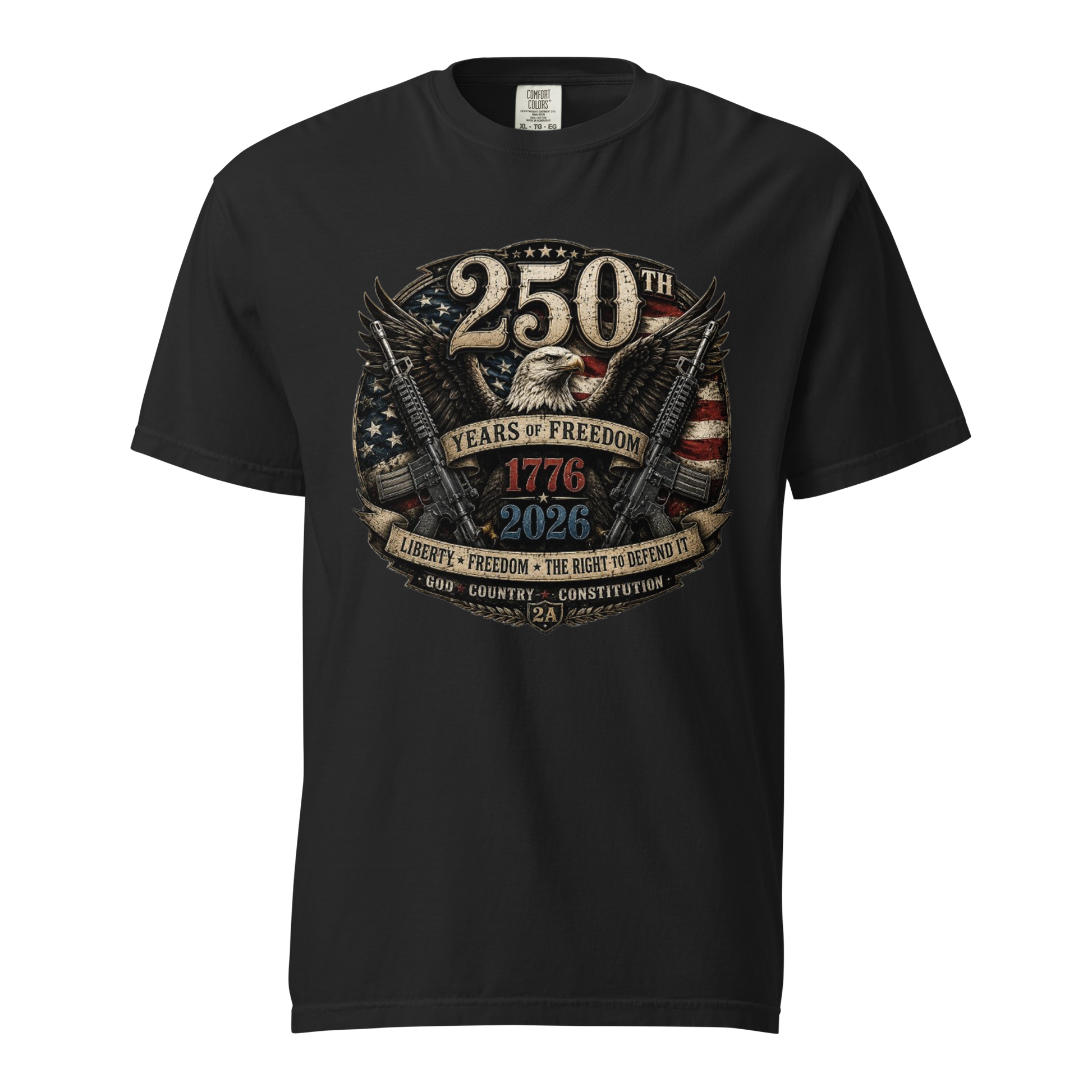 Patriotic 250 Years of Freedom graphic featuring a bald eagle, American flags, 1776–2026 anniversary artwork, and liberty-inspired design for America's 250th Anniversary.