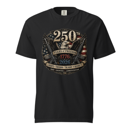 Patriotic 250 Years of Freedom graphic featuring a bald eagle, American flags, 1776–2026 anniversary artwork, and liberty-inspired design for America's 250th Anniversary.