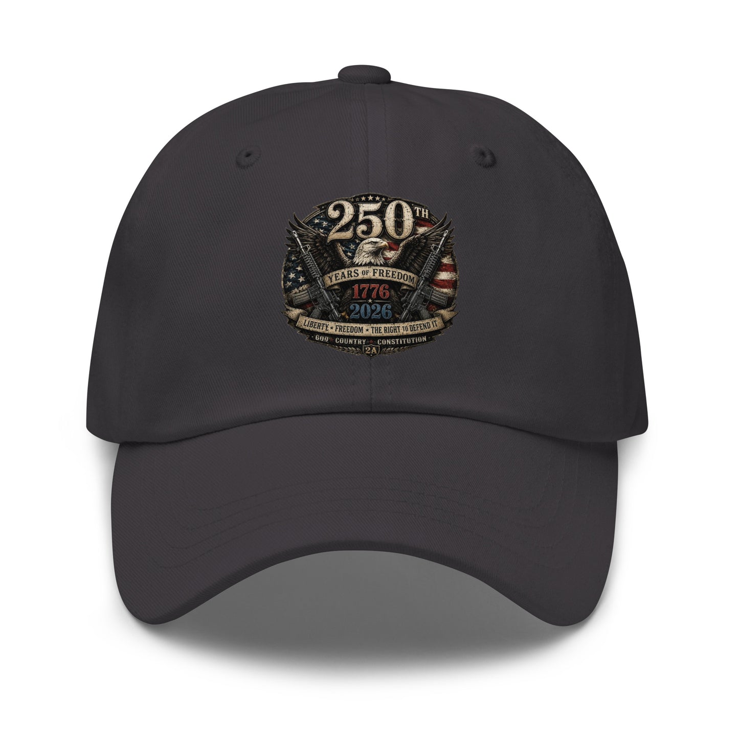 Patriotic America 250 hat featuring eagle artwork, 1776–2026 anniversary design, American flags, and freedom-inspired imagery celebrating the United States' 250th Anniversary.