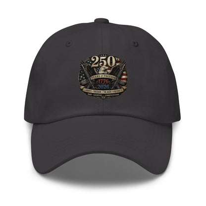 Patriotic America 250 hat featuring eagle artwork, 1776–2026 anniversary design, American flags, and freedom-inspired imagery celebrating the United States' 250th Anniversary.