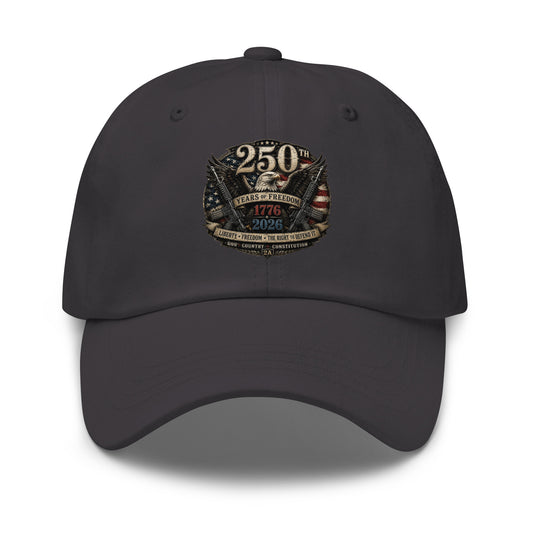 Patriotic America 250 hat featuring eagle artwork, 1776–2026 anniversary design, American flags, and freedom-inspired imagery celebrating the United States' 250th Anniversary.