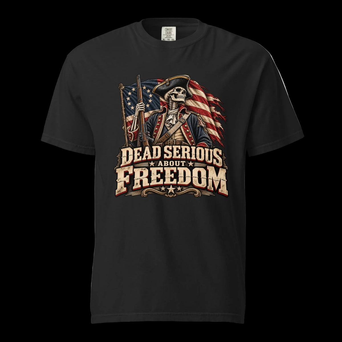 Black: Dead Serious About Freedom patriotic skeleton T-shirt in black with a 13-star American flag design

