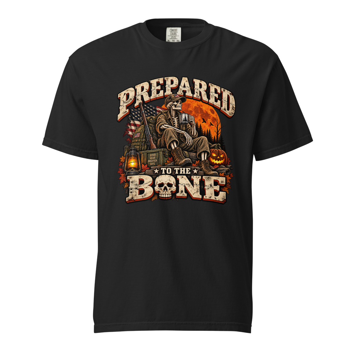 Black: Prepared to the Bone skeleton T-shirt in black with vintage prepper and Halloween artwork
