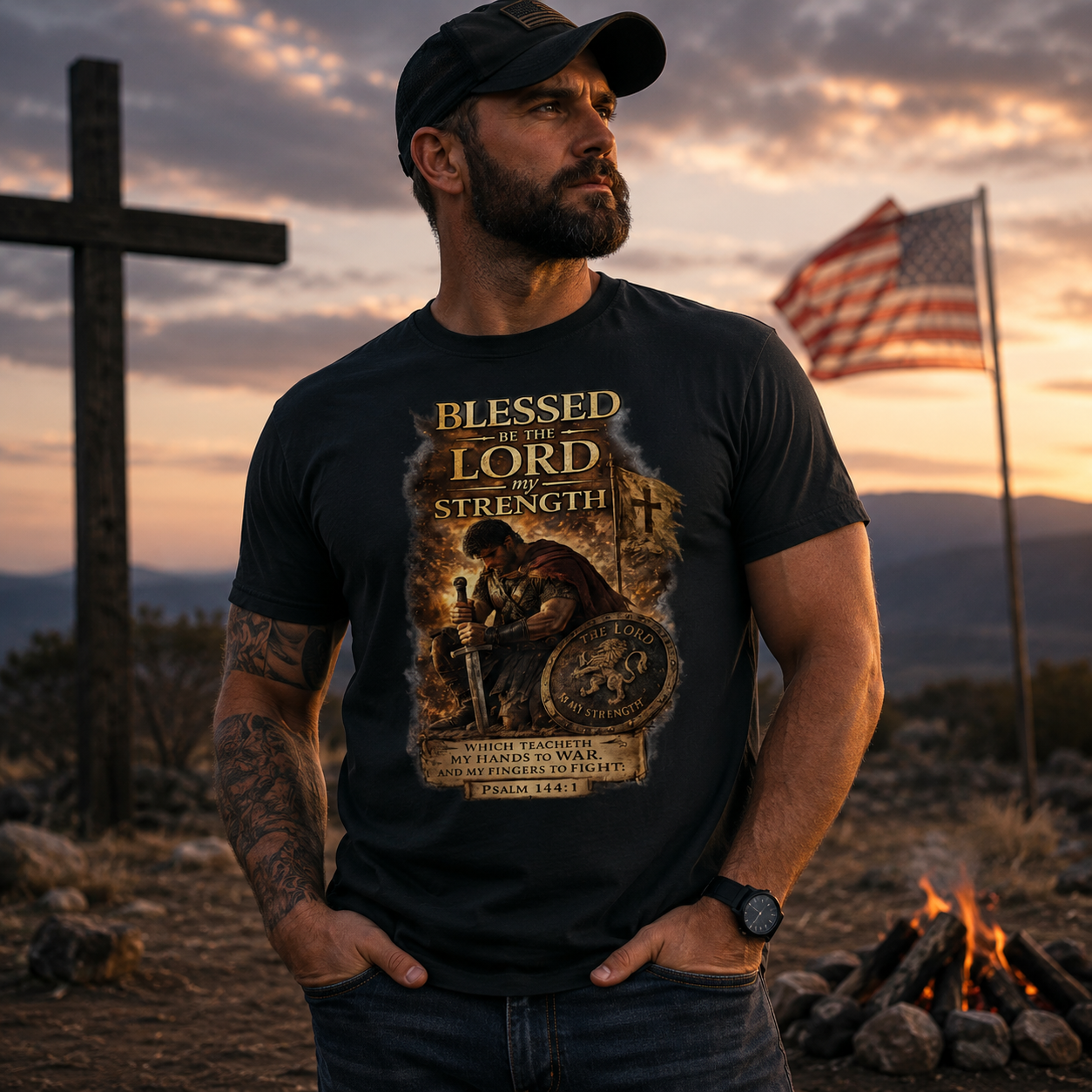 Man wearing a t-shirt with a religious design in a desert setting with cross and American flag.
