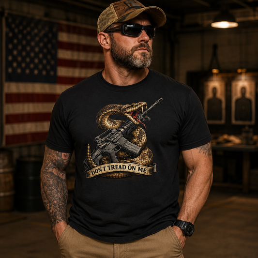 Man wearing a black t-shirt with a snake and gun graphic and 'Don't Tread on Me' text, standing in a room with an American flag.