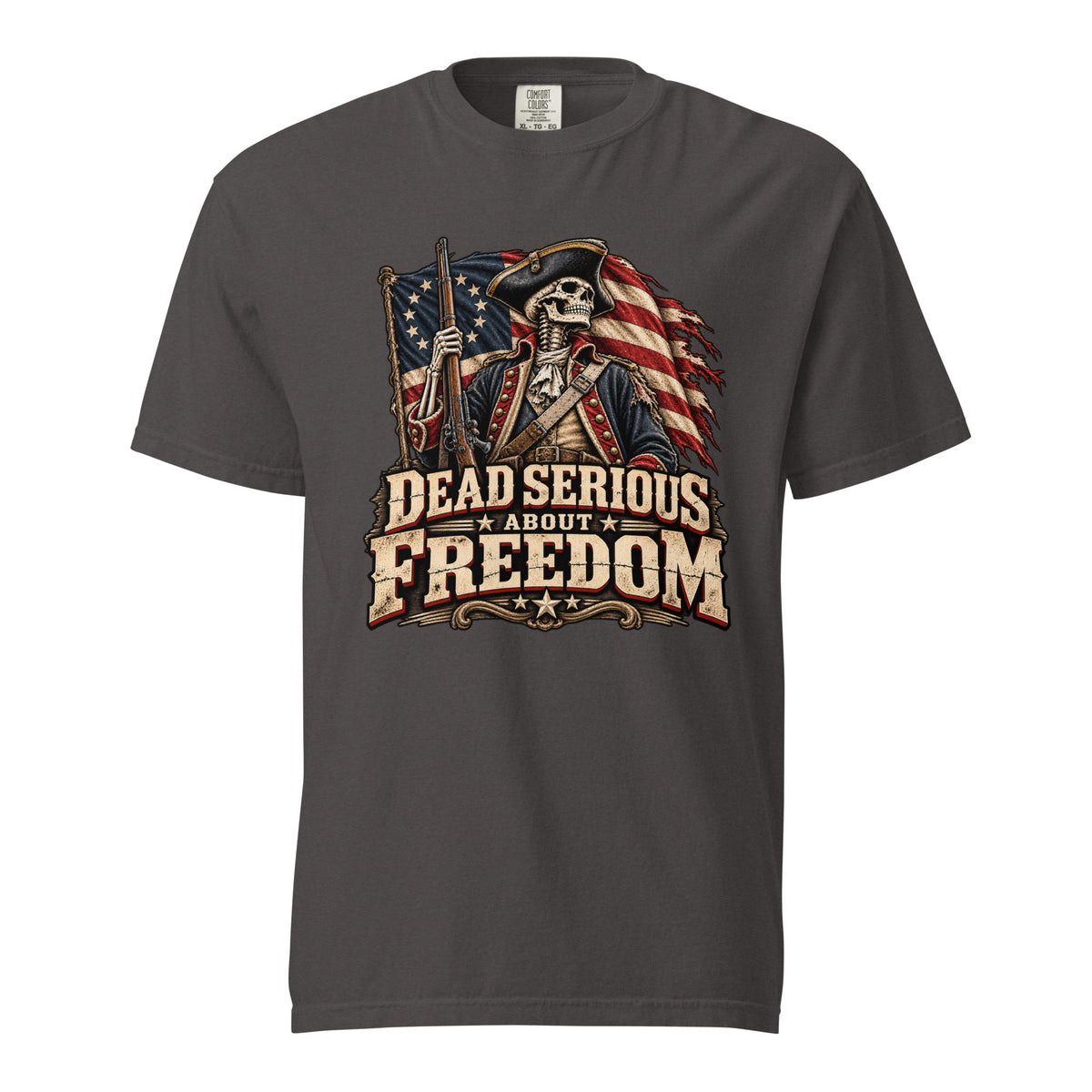 Graphite: Dead Serious About Freedom patriotic skeleton T-shirt in graphite with a 13-star American flag design
