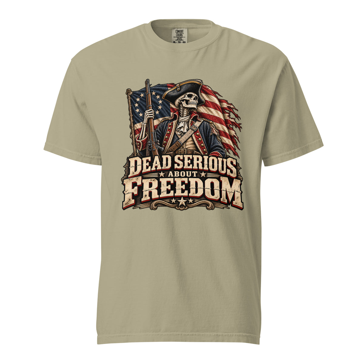 Khaki: Dead Serious About Freedom patriotic skeleton T-shirt in khaki with a 13-star American flag design

