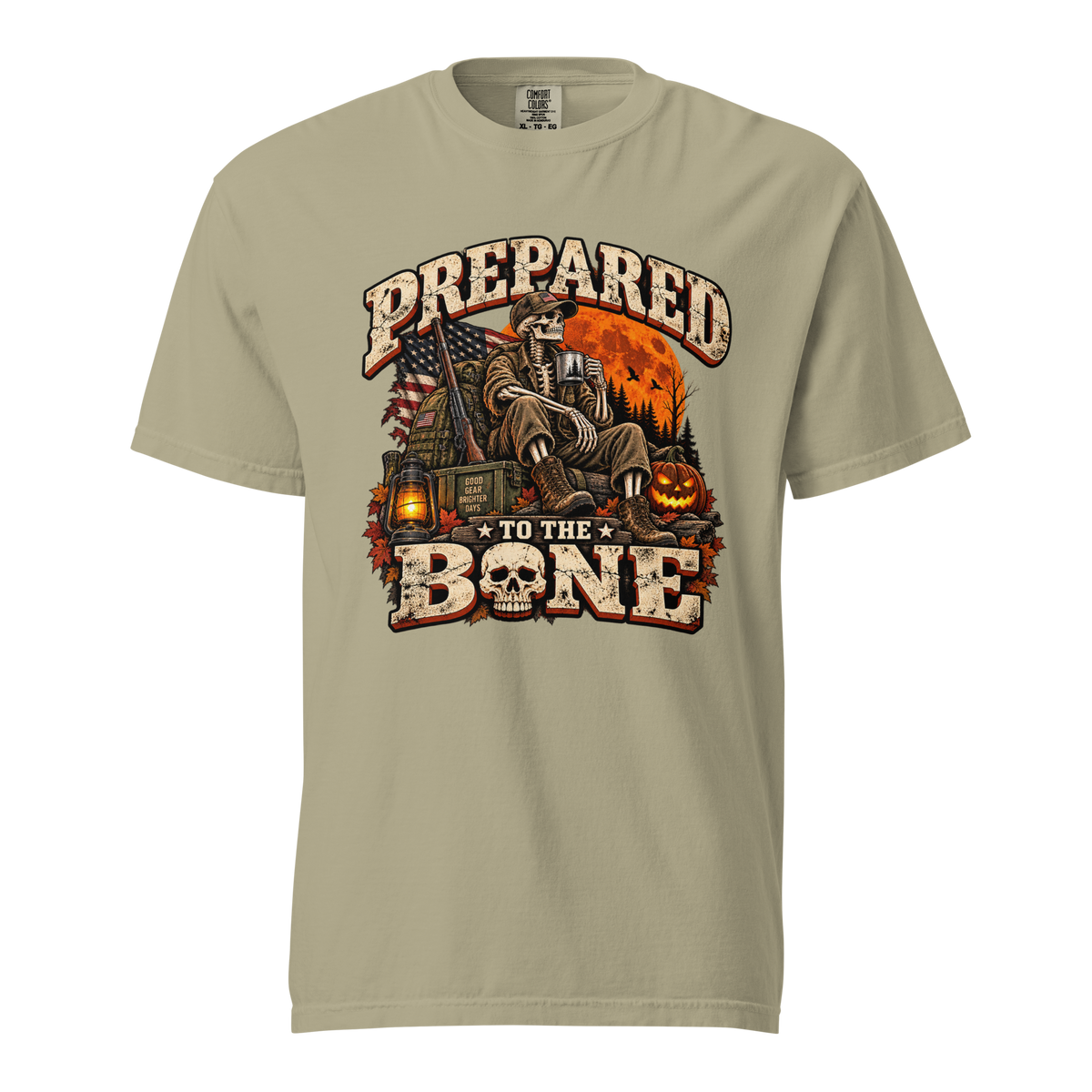 Khaki: Prepared to the Bone skeleton T-shirt in khaki with vintage prepper and Halloween artwork
