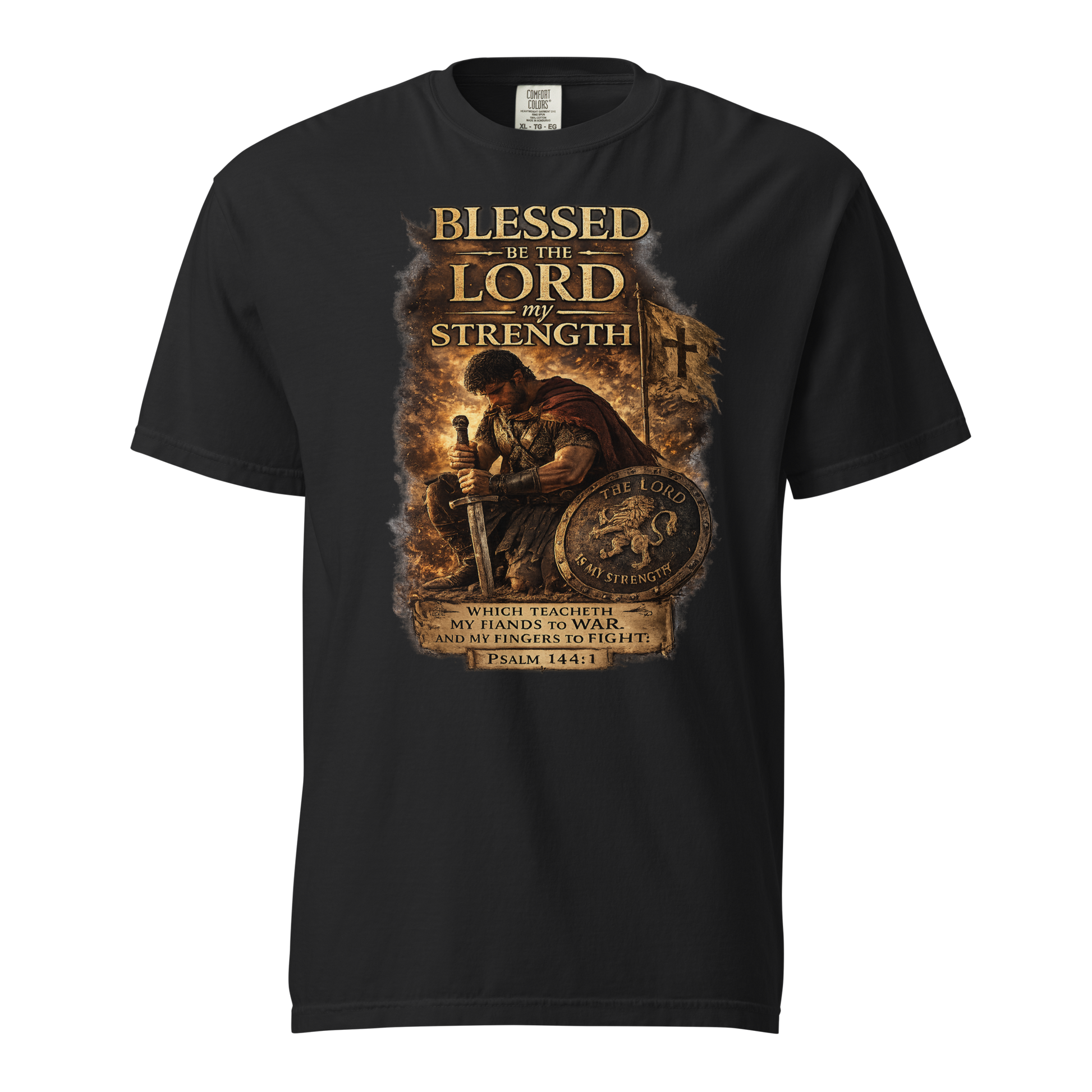 Powerful Psalm 144:1 Christian Warrior Shirt featuring distressed vintage artwork and Scripture-inspired design. Perfect gift for Christian men, veterans, first responders, and believers who stand strong in faith.