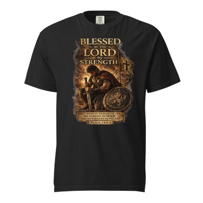Powerful Psalm 144:1 Christian Warrior Shirt featuring distressed vintage artwork and Scripture-inspired design. Perfect gift for Christian men, veterans, first responders, and believers who stand strong in faith.