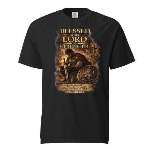 Powerful Psalm 144:1 Christian Warrior Shirt featuring distressed vintage artwork and Scripture-inspired design. Perfect gift for Christian men, veterans, first responders, and believers who stand strong in faith.