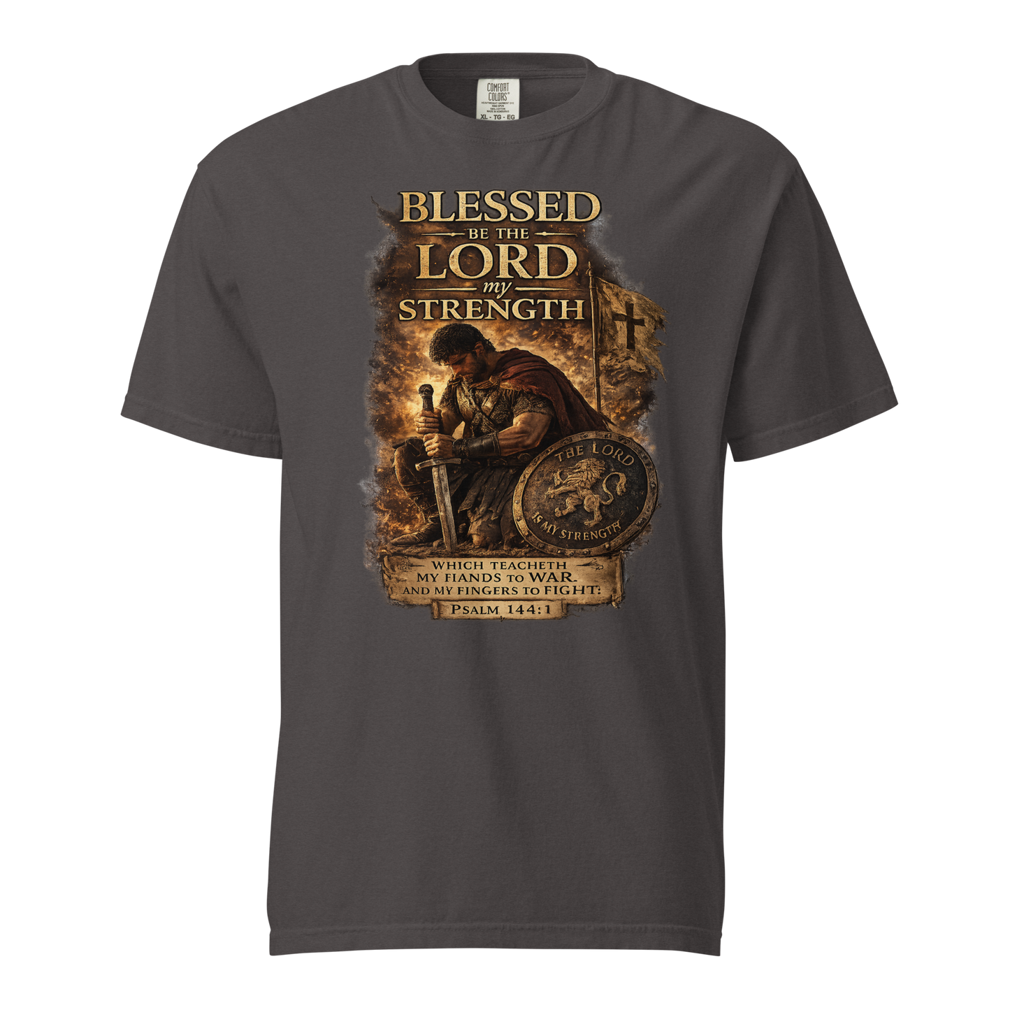 Powerful Psalm 144:1 Christian Warrior Shirt featuring distressed vintage artwork and Scripture-inspired design. Perfect gift for Christian men, veterans, first responders, and believers who stand strong in faith.