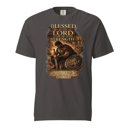 Powerful Psalm 144:1 Christian Warrior Shirt featuring distressed vintage artwork and Scripture-inspired design. Perfect gift for Christian men, veterans, first responders, and believers who stand strong in faith.