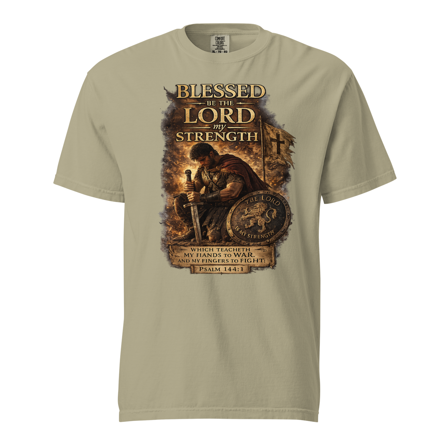 Powerful Psalm 144:1 Christian Warrior Shirt featuring distressed vintage artwork and Scripture-inspired design. Perfect gift for Christian men, veterans, first responders, and believers who stand strong in faith.