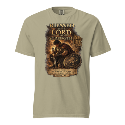 Powerful Psalm 144:1 Christian Warrior Shirt featuring distressed vintage artwork and Scripture-inspired design. Perfect gift for Christian men, veterans, first responders, and believers who stand strong in faith.