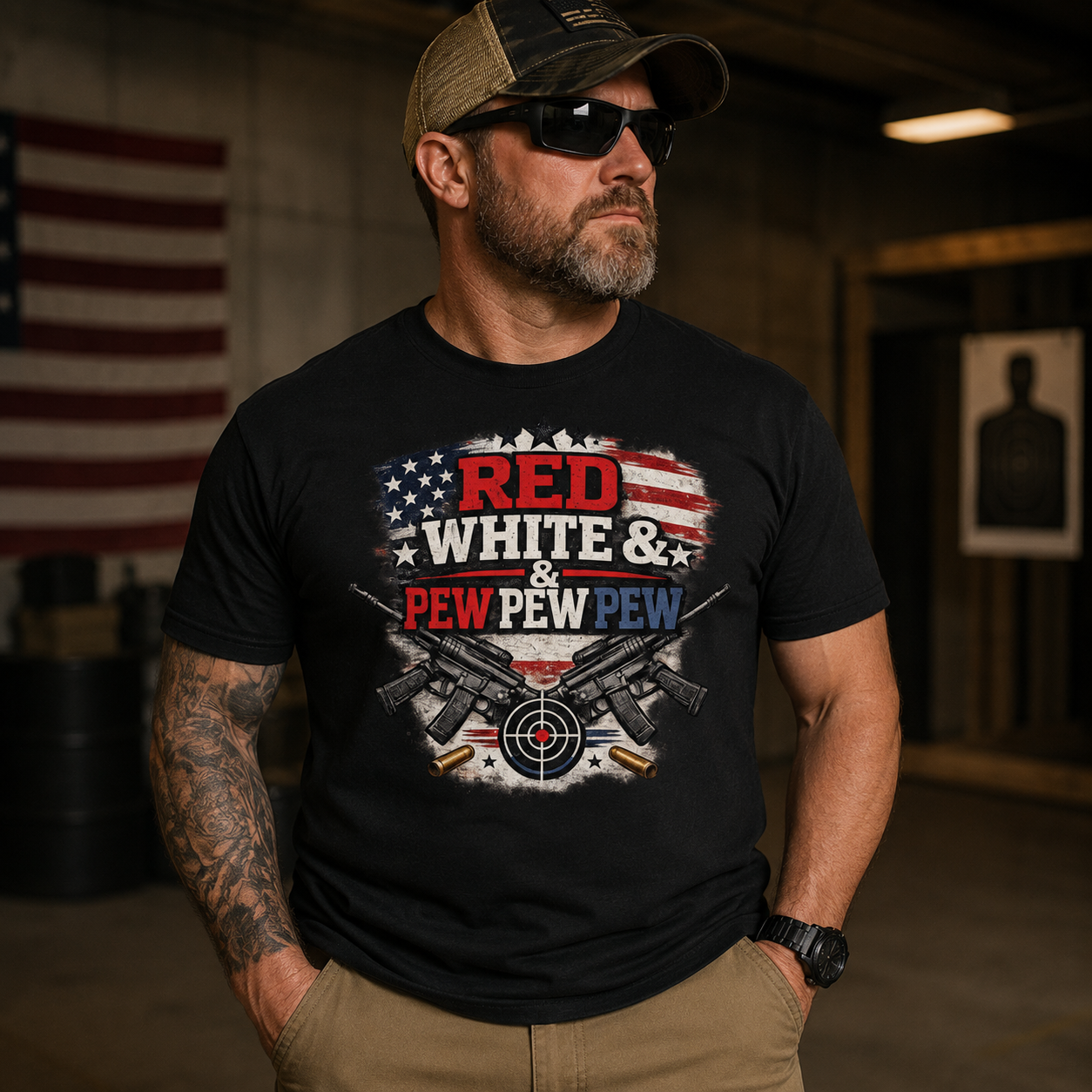 Man wearing a black t-shirt with a graphic design and text, standing in an indoor setting.