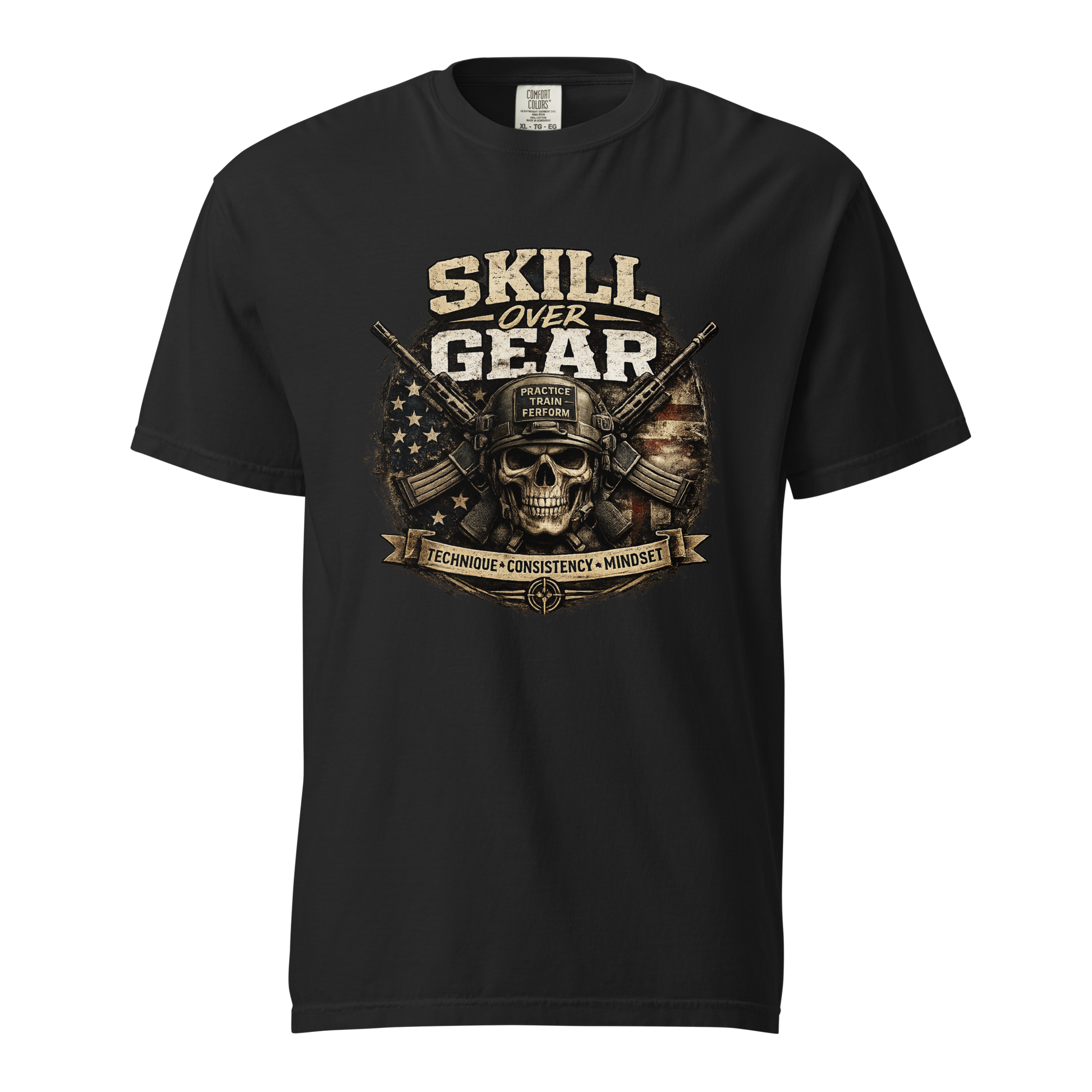 Skill Over Gear graphic shirt featuring tactical training artwork and the principles of technique, consistency, and mindset for shooting sports enthusiasts.
