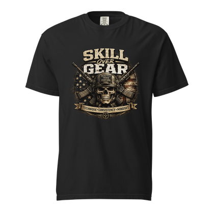 Skill Over Gear graphic shirt featuring tactical training artwork and the principles of technique, consistency, and mindset for shooting sports enthusiasts.
