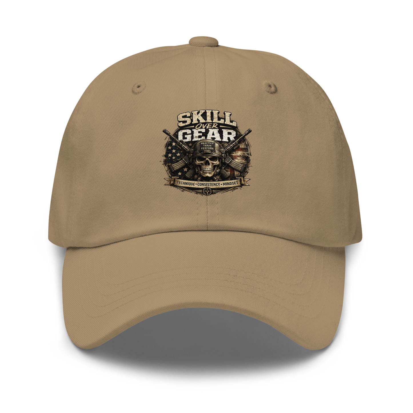 Black Skill Over Gear hat featuring training-inspired artwork and the principles of technique, consistency, and mindset for shooters and firearms enthusiasts.