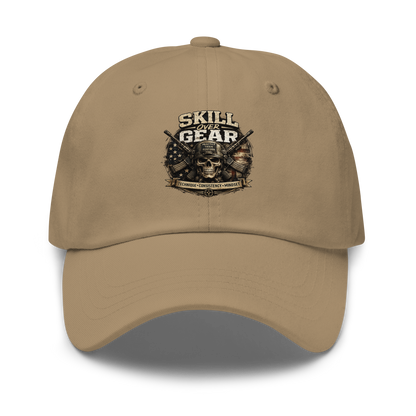 Black Skill Over Gear hat featuring training-inspired artwork and the principles of technique, consistency, and mindset for shooters and firearms enthusiasts.