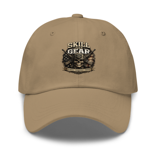 Black Skill Over Gear hat featuring training-inspired artwork and the principles of technique, consistency, and mindset for shooters and firearms enthusiasts.