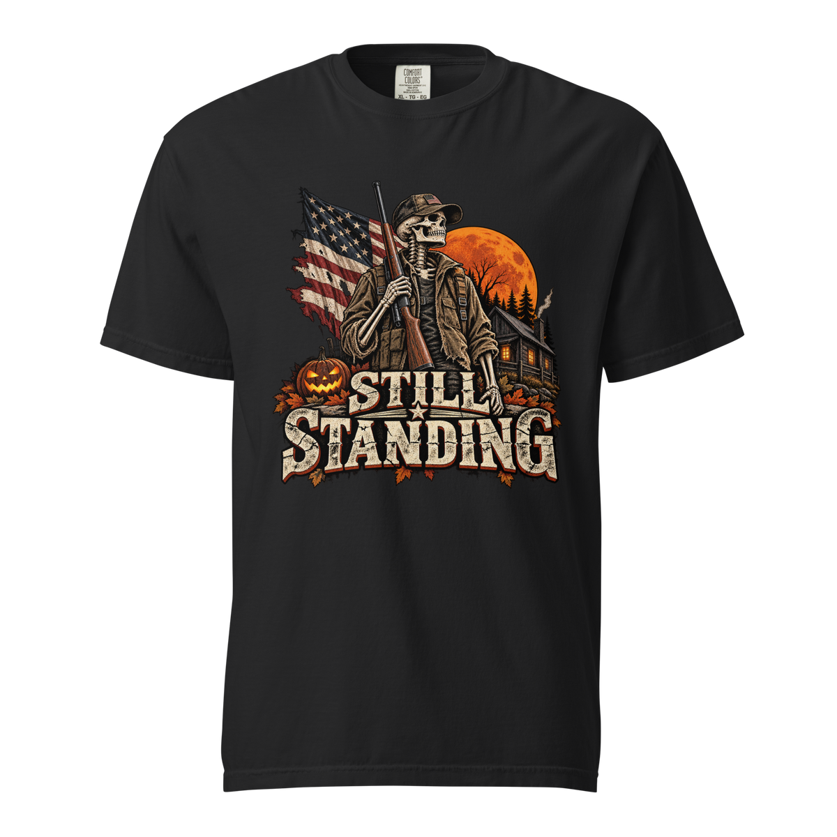 Still Standing skeleton graphic T-shirt in black with distressed patriotic Halloween artwork
