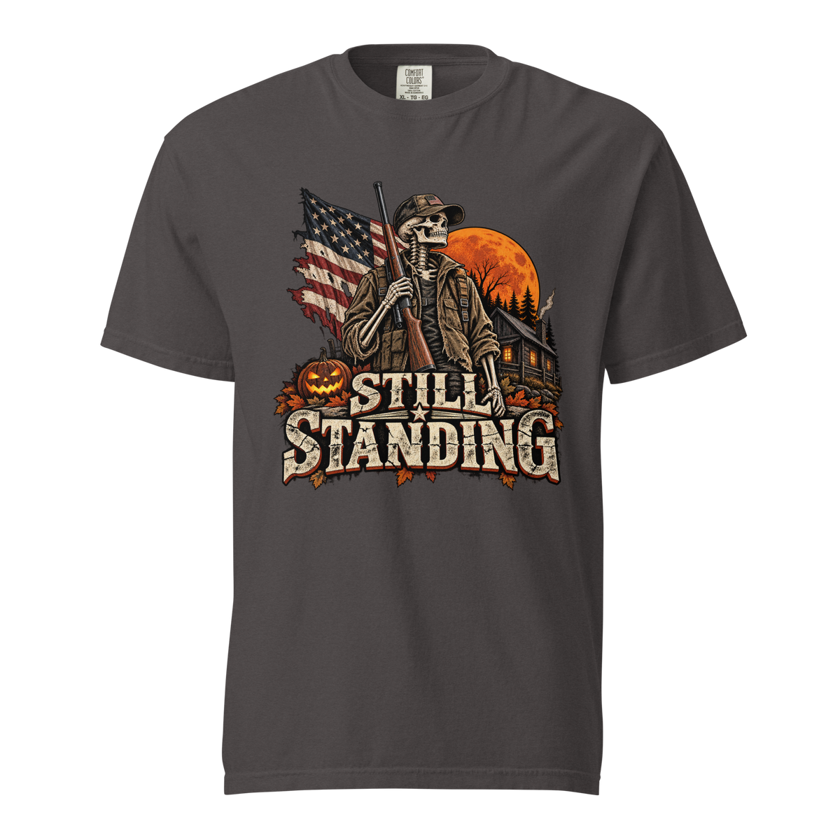 Still Standing skeleton graphic T-shirt in graphite with distressed patriotic Halloween artwork

