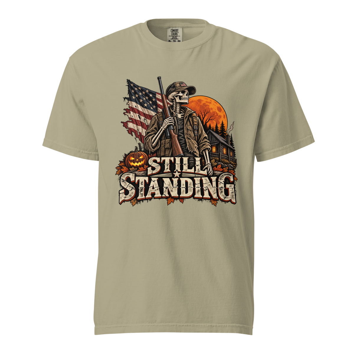 Still Standing skeleton graphic T-shirt in khaki with distressed patriotic Halloween artwork
