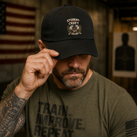Man wearing a black cap with 'Student Craft' logo and a green t-shirt with 'Train. Improve.