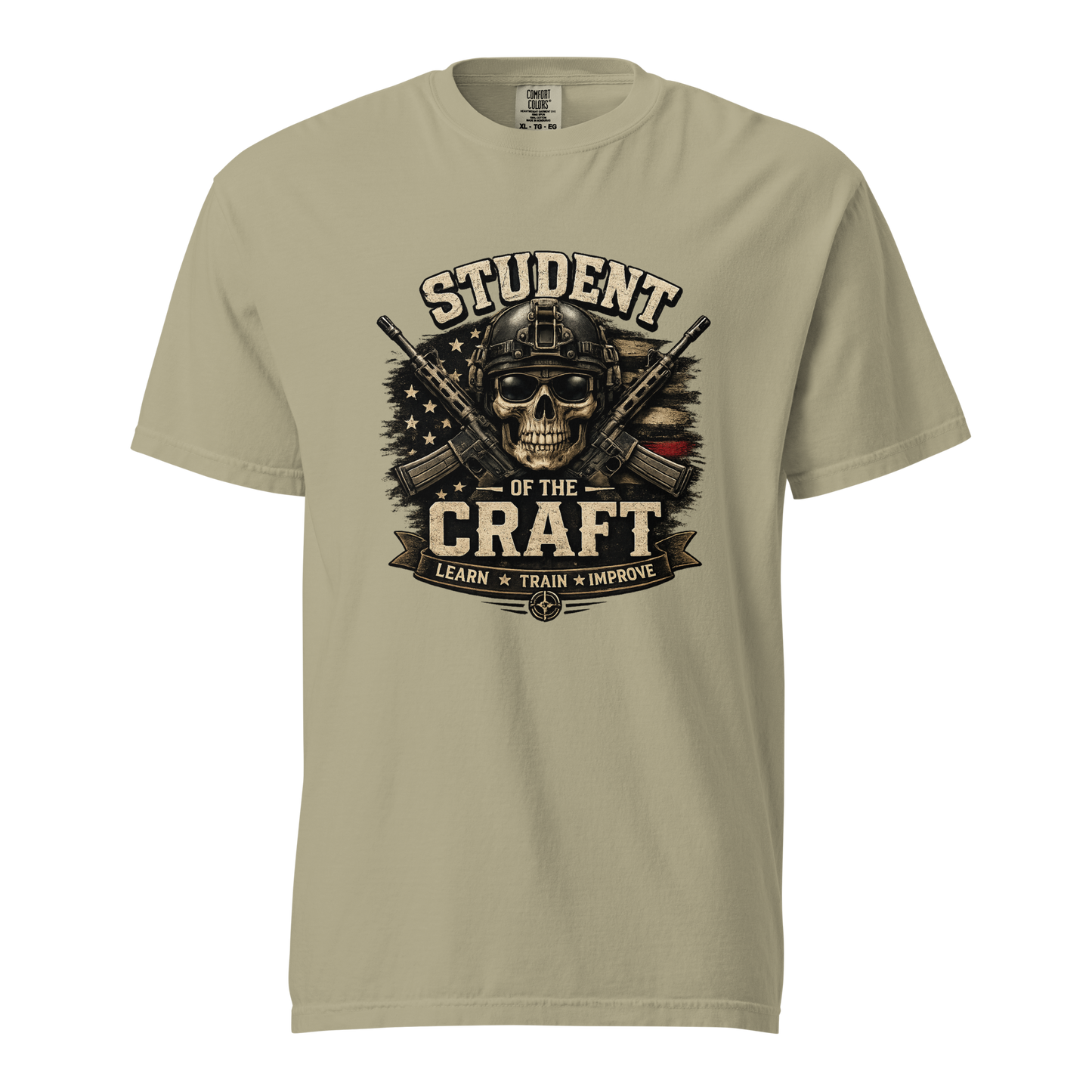 Student of the Craft graphic shirt featuring a tactical skull, crossed rifles, and Learn Train Improve motto for shooters, instructors, and training enthusiasts.