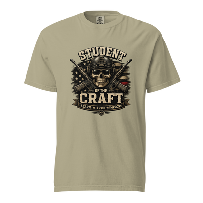 Student of the Craft graphic shirt featuring a tactical skull, crossed rifles, and Learn Train Improve motto for shooters, instructors, and training enthusiasts.