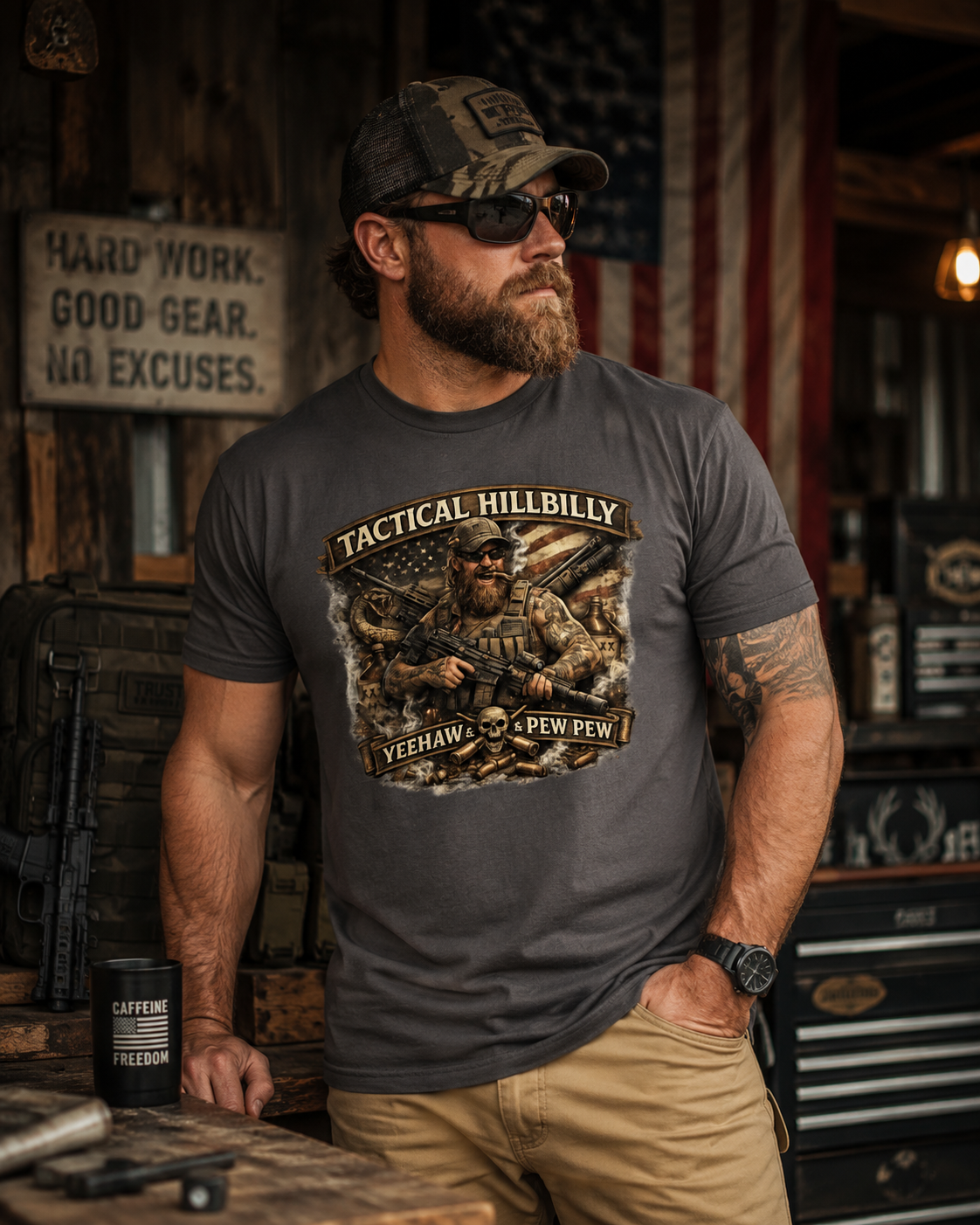 Lifestyle photo of a man wearing the Tactical Hillbilly Yeehaw & Pew Pew graphic shirt featuring patriotic artwork, shooting sports culture, rural lifestyle, and tactical-inspired design.