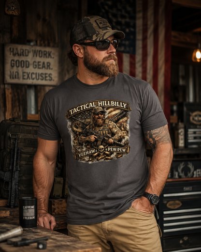 Lifestyle photo of a man wearing the Tactical Hillbilly Yeehaw & Pew Pew graphic shirt featuring patriotic artwork, shooting sports culture, rural lifestyle, and tactical-inspired design.