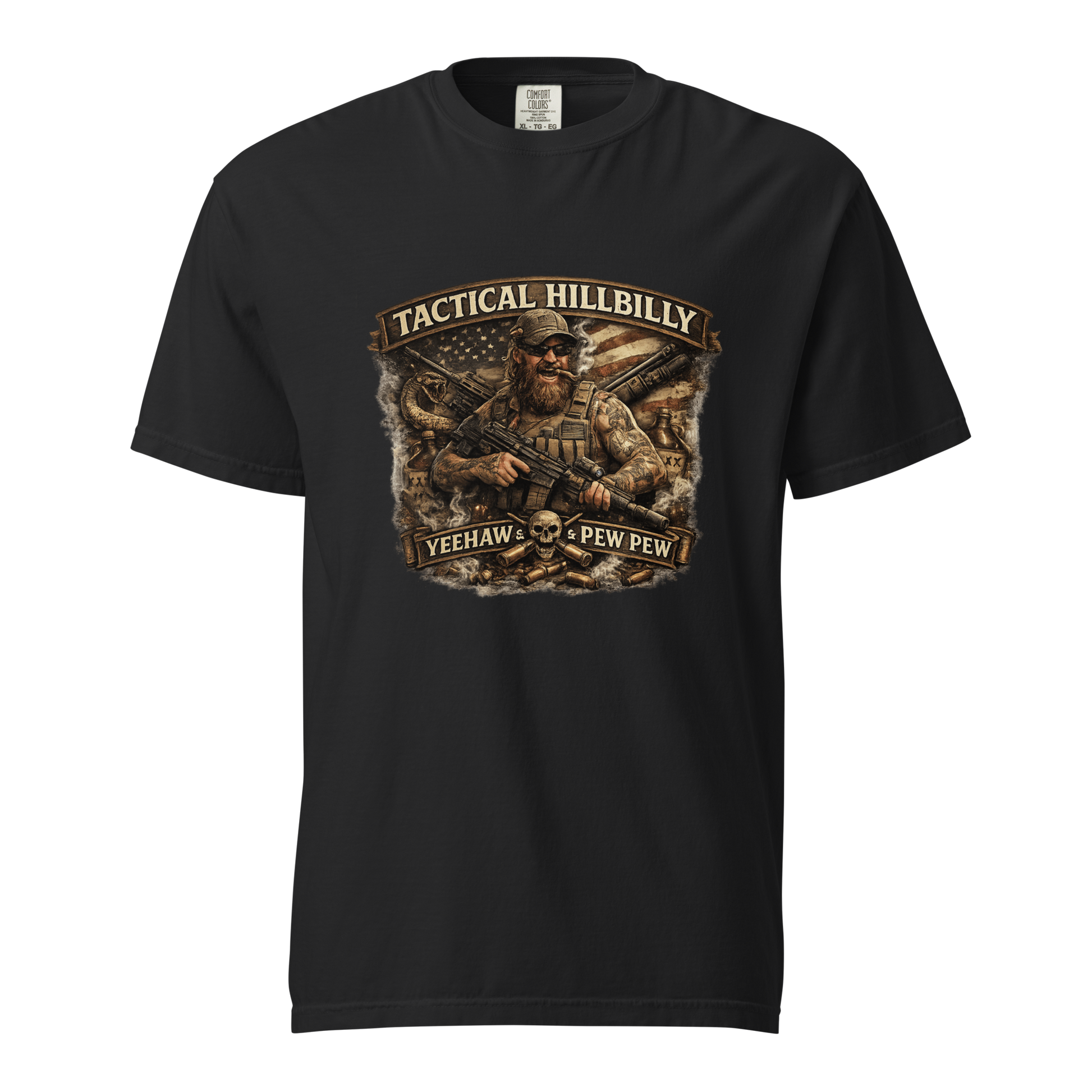 Tactical Hillbilly graphic featuring a bearded shooter with tactical gear, patriotic imagery, and the phrase Yeehaw & Pew Pew for firearms enthusiasts and outdoor lifestyle fans.