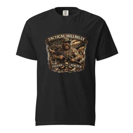 Tactical Hillbilly graphic featuring a bearded shooter with tactical gear, patriotic imagery, and the phrase Yeehaw & Pew Pew for firearms enthusiasts and outdoor lifestyle fans.