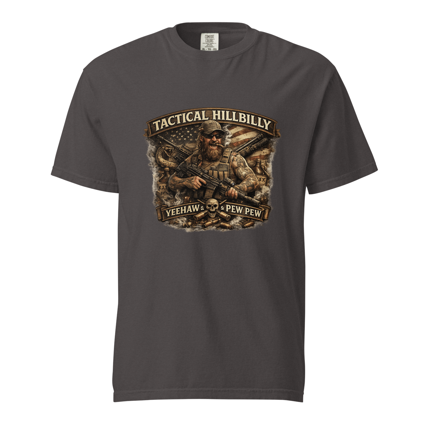 Tactical Hillbilly graphic featuring a bearded shooter with tactical gear, patriotic imagery, and the phrase Yeehaw & Pew Pew for firearms enthusiasts and outdoor lifestyle fans.