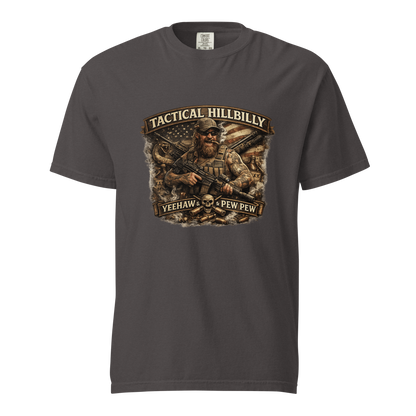 Tactical Hillbilly graphic featuring a bearded shooter with tactical gear, patriotic imagery, and the phrase Yeehaw & Pew Pew for firearms enthusiasts and outdoor lifestyle fans.