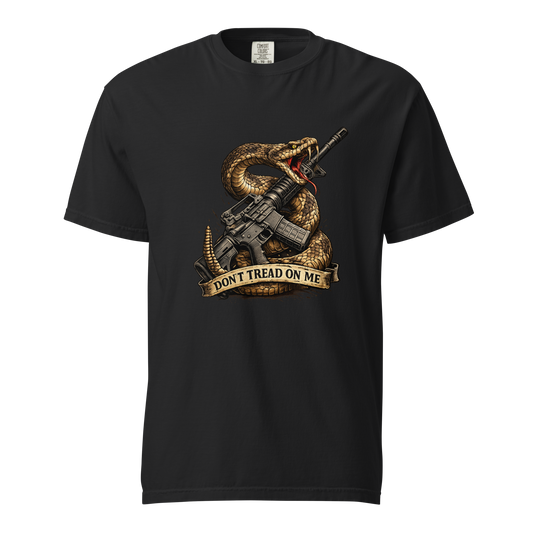 Patriotic Don't Tread On Me t-shirt featuring a coiled rattlesnake wrapped around a modern sporting rifle with Gadsden-inspired freedom design for Second Amendment supporters.