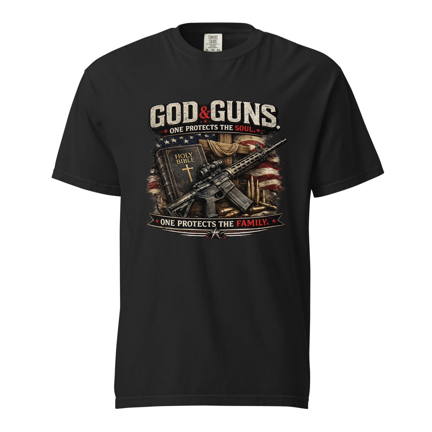 Christian patriotic graphic featuring a Holy Bible, cross, American flag, rifle, and the phrase One Protects the Soul One Protects the Family.