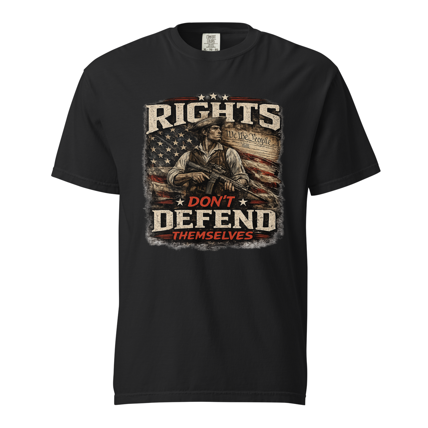 Rights Don't Defend Themselves 2A patriotic garment-dyed heavyweight t-shirt in Black – front view with distressed American flag and constitutional liberty graphic"