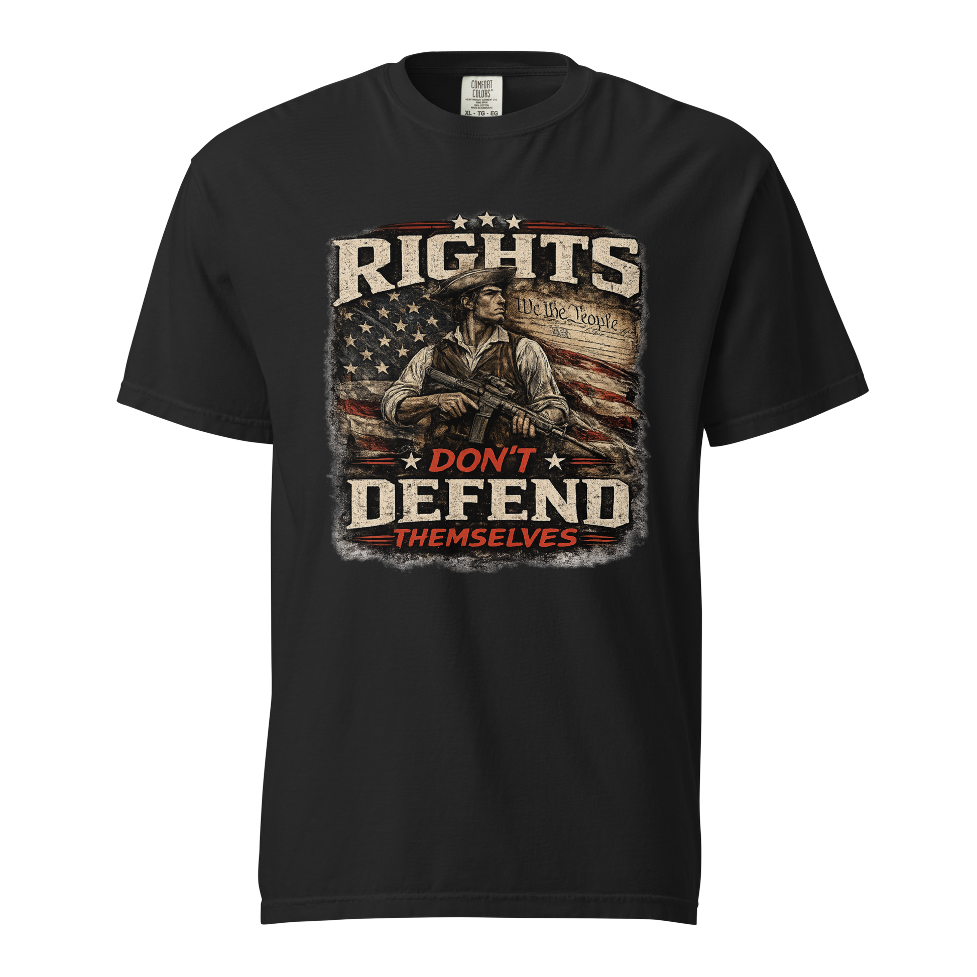 Rights Don't Defend Themselves 2A patriotic garment-dyed heavyweight t-shirt in Black – front view with distressed American flag and constitutional liberty graphic"