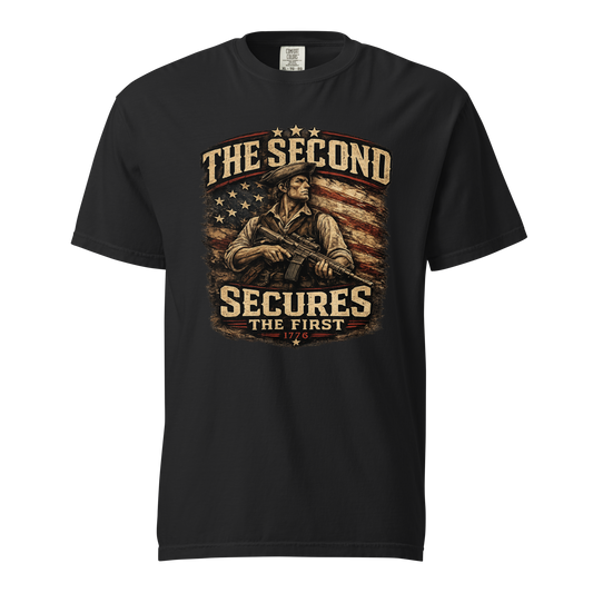 Black – front view with Revolutionary-era patriot and distressed American flag graphic